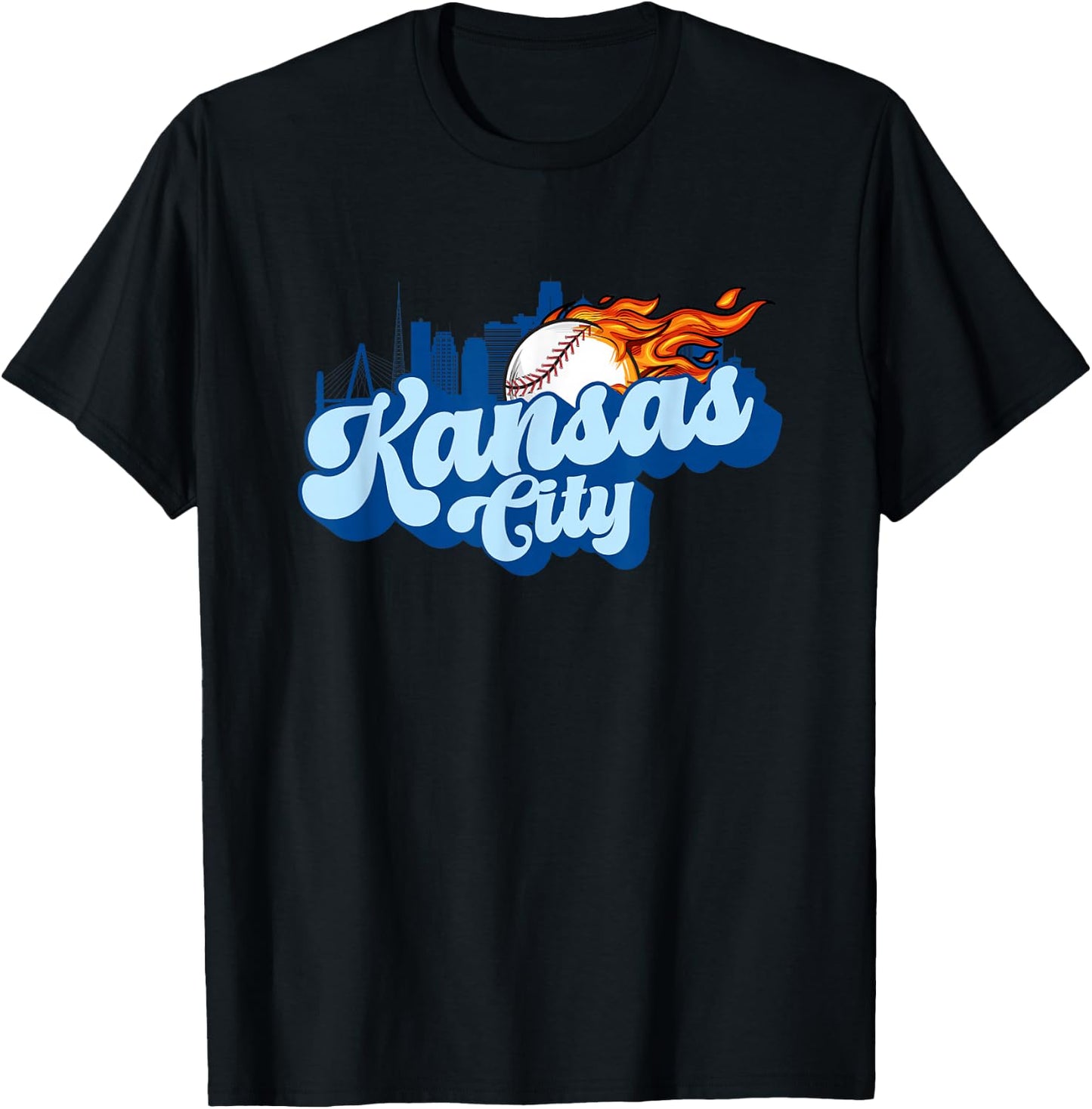Kansas City Baseball Vintage City Skyline Baseball Lover T-Shirt - T-Shirt | Black