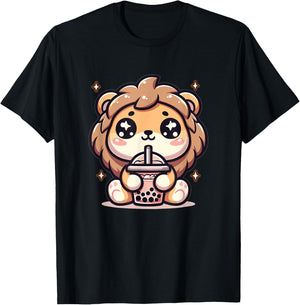 Cute Japanese Kawaii Chibi Lion Drinking Boba Tea T-Shirt - T-Shirt | Black