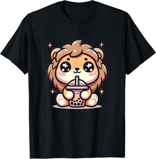 Cute Japanese Kawaii Chibi Lion Drinking Boba Tea T-Shirt - T-Shirt | Black