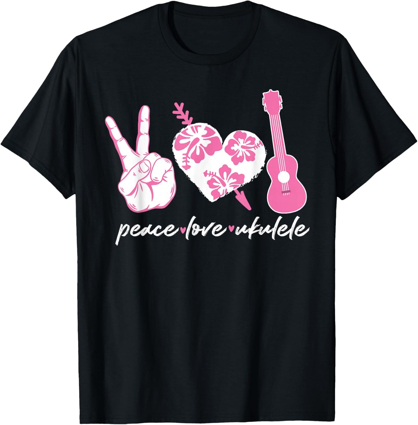 Hawaiian Uke Peace Love Ukulele Flower Heart T-Shirt - T-Shirt | Black