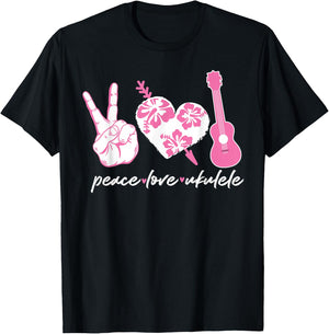 Hawaiian Uke Peace Love Ukulele Flower Heart T-Shirt - T-Shirt | Black