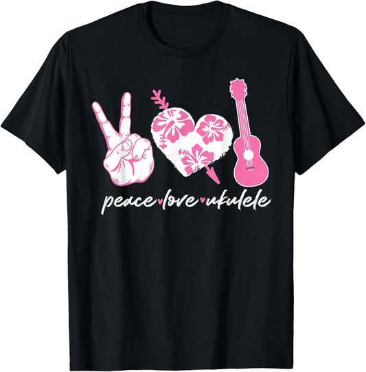 Hawaiian Uke Peace Love Ukulele Flower Heart T-Shirt - T-Shirt | Black