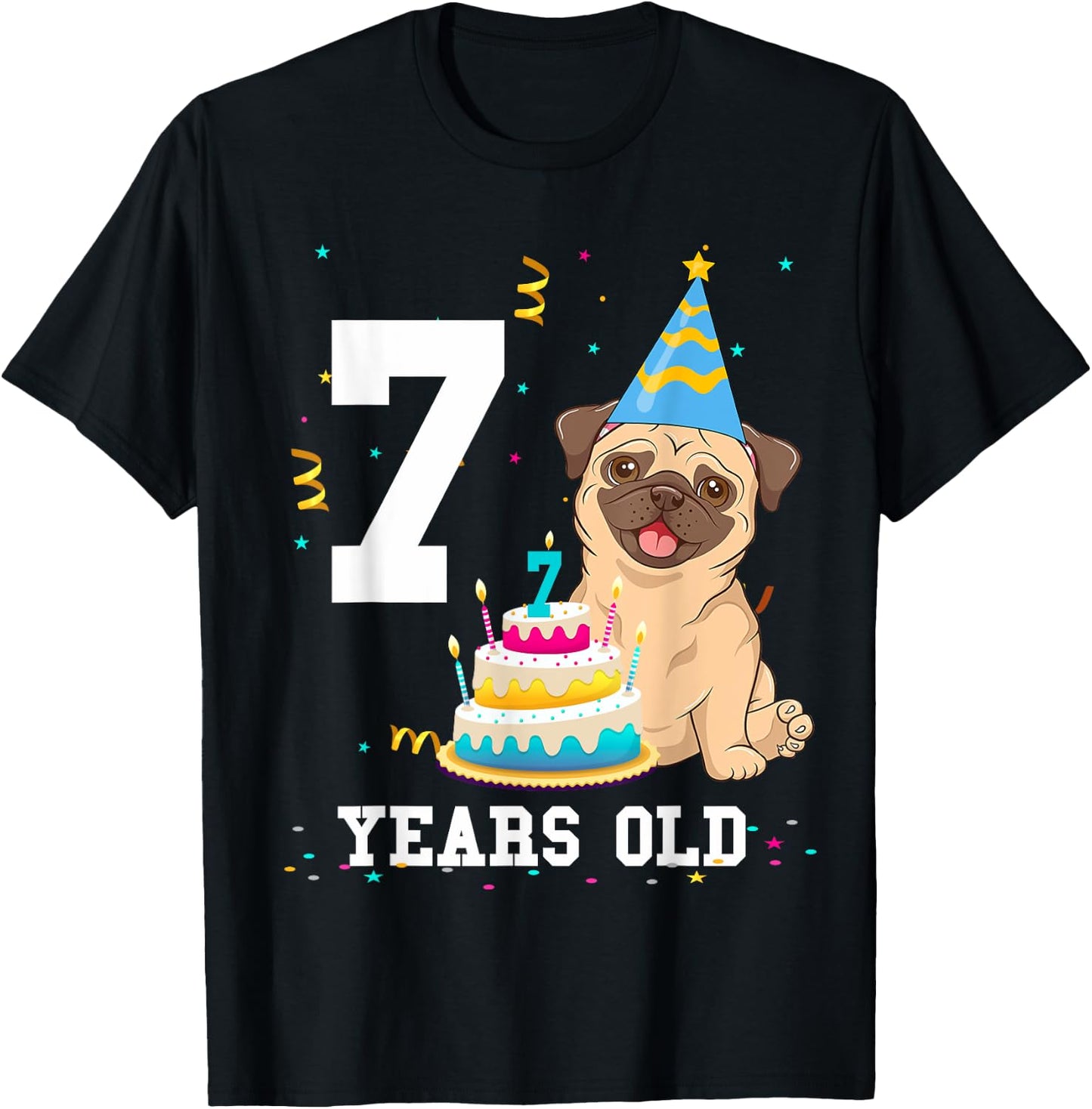 7 Years Old Birthday Pug Dog Lover Party Kids Boys Girls T-Shirt - T-Shirt | Black