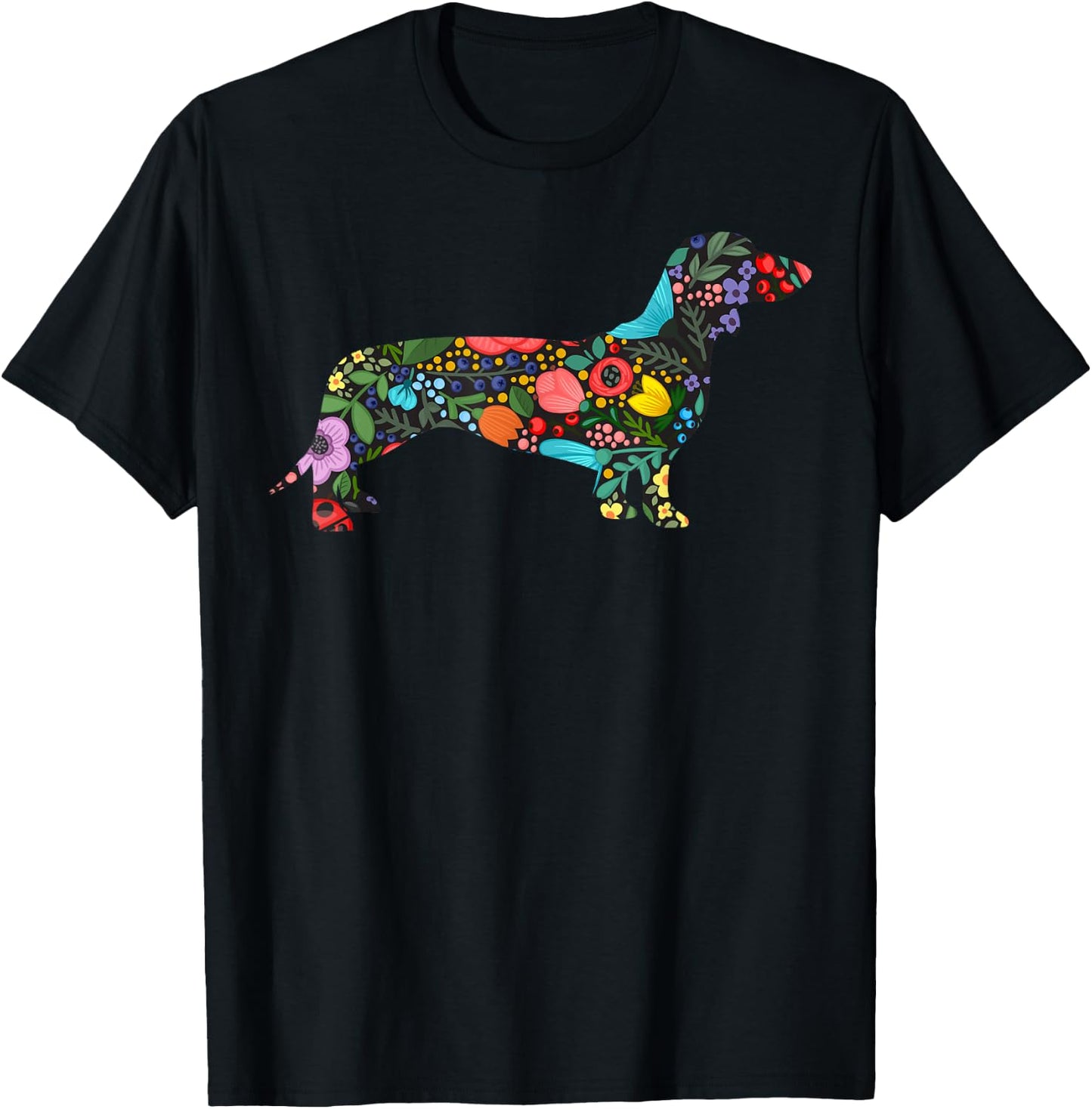 Dachshund Flower Funny Dog Silhouette Tropical Floral Gifts T-Shirt - T-Shirt | Black