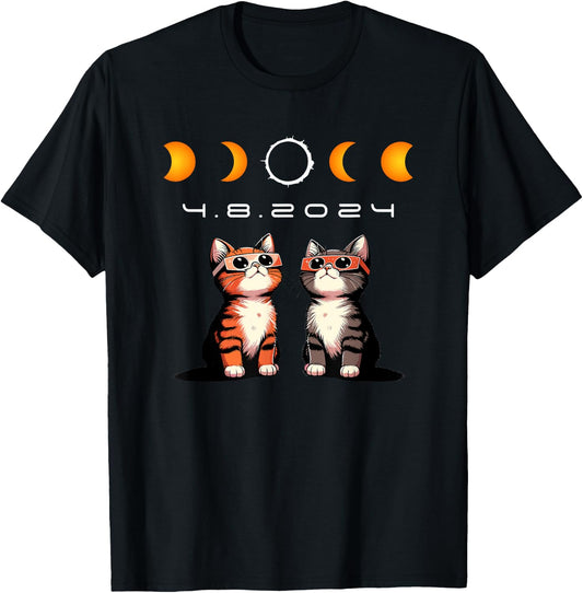 Solar Eclipse Shirt 2024 Cats Wearing Solar Eclipse Glasses T-Shirt - T-Shirt | Black