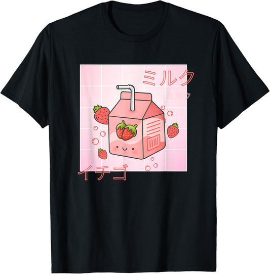 Funny Retro 90s Japanese Kawaii Strawberry Milk Carton T-Shirt - T-Shirt | Black