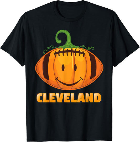 Pumpkin Halloween Costume Cleveland Football Cool Smile Face T-Shirt - T-Shirt | Black