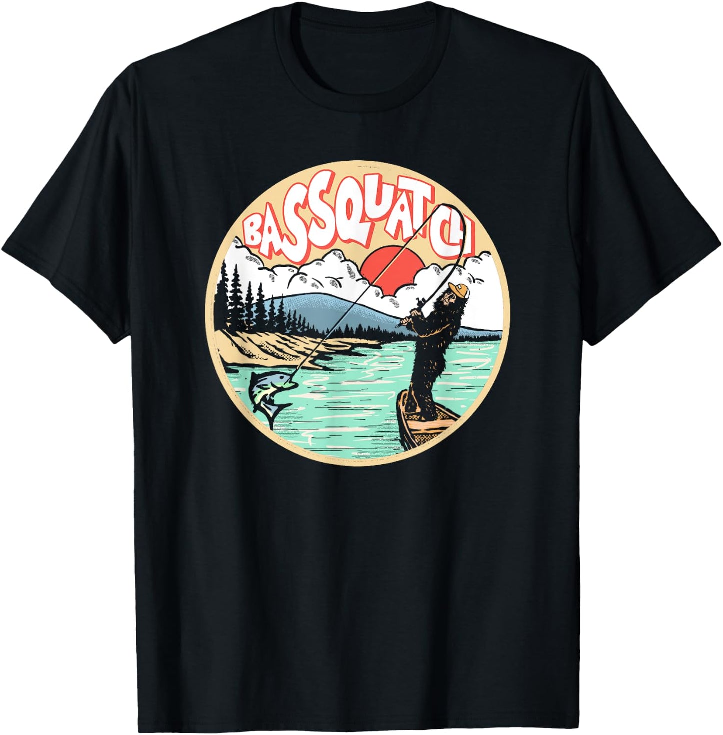 Bassquatch! Funny Bass Fishing Bigfoot on the Lake Sasquatch T-Shirt - T-Shirt | Black