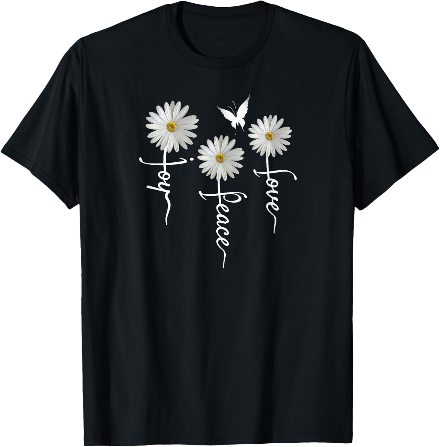 Inspirational Joy Peace Love Shirt with Daisies Butterflies T-Shirt - T-Shirt | Black