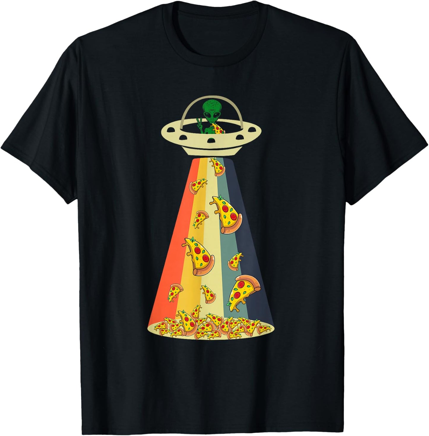 Funny Pizza UFO Alien Eating Pizza a UFO Extraterrestrial T-Shirt - T-Shirt | Black