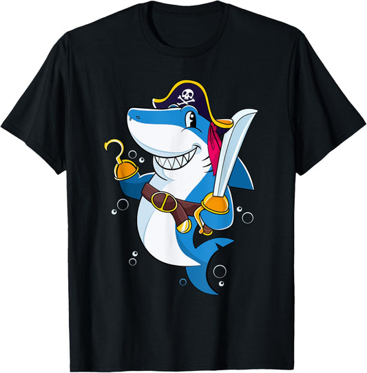 Pirate Shark Captain Kids Boys Toddlers Birthday Party T-Shirt - T-Shirt | Black