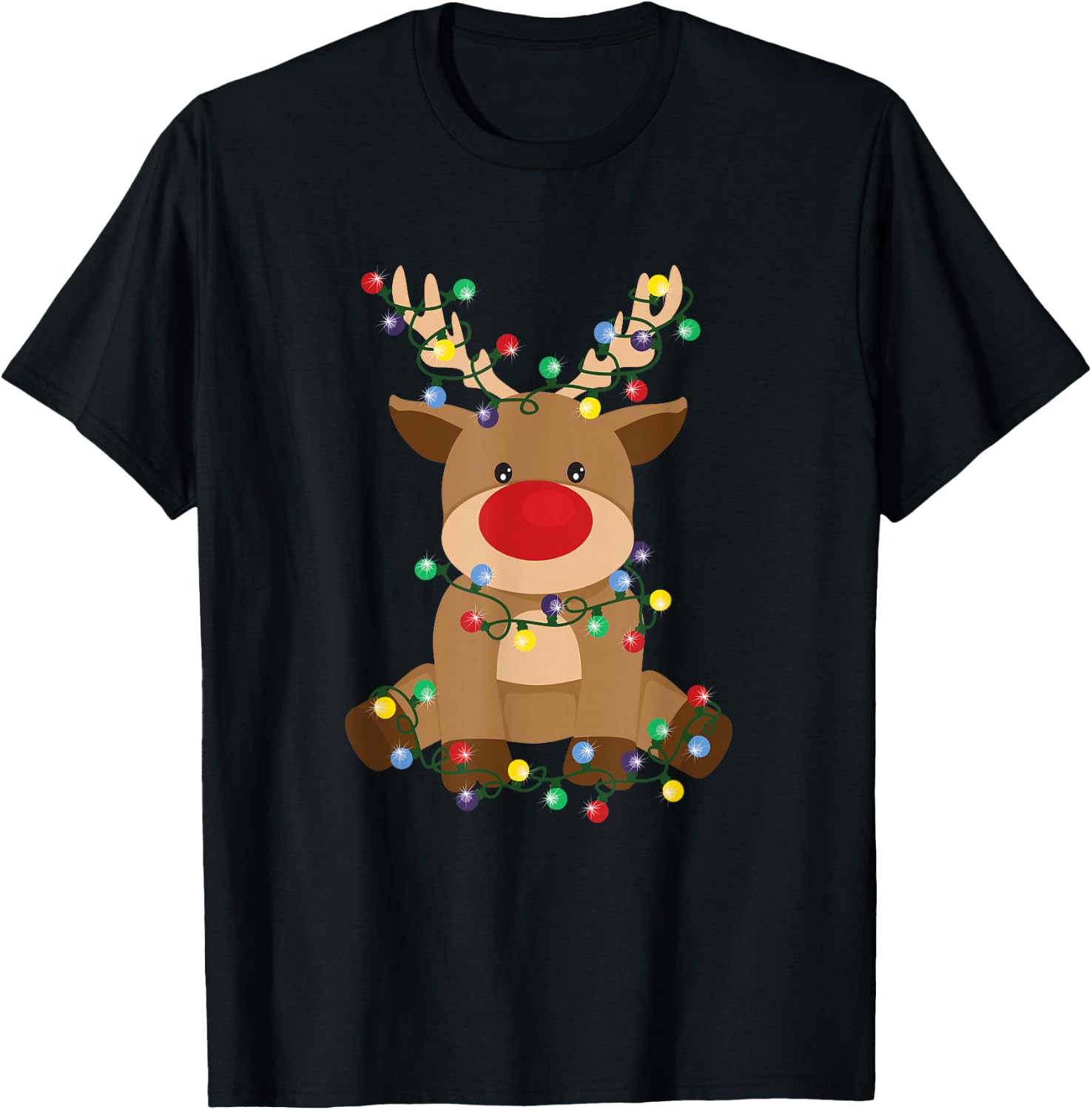 Red-Nosed Reindeer with Christmas Lights – Cute Holiday T-Shirt - T-Shirt | Black