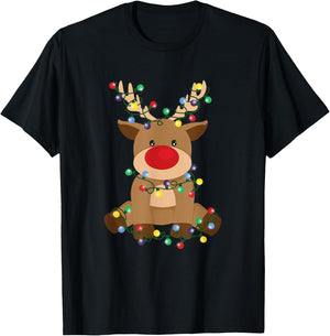 Red-Nosed Reindeer with Christmas Lights – Cute Holiday T-Shirt - T-Shirt | Black