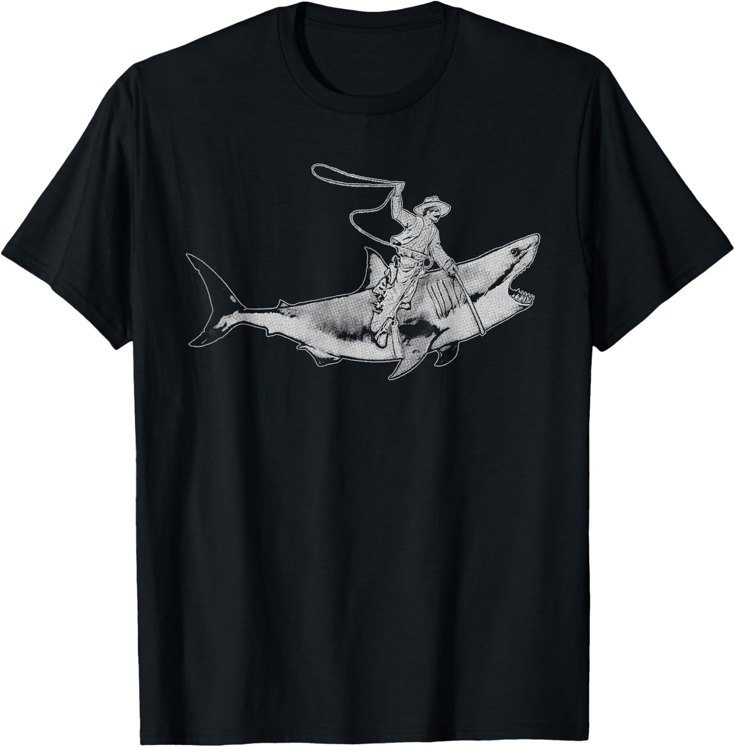 Shark Lover Rodeo Cowboy Riding Great White Vintage Funny T-Shirt - T-Shirt | Black