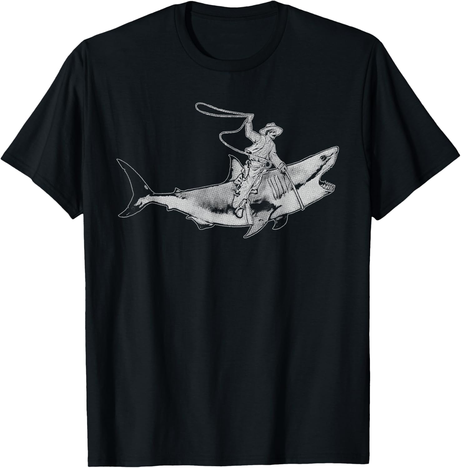 Shark Lover Rodeo Cowboy Riding Great White Vintage Funny T-Shirt - T-Shirt | Black