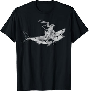 Shark Lover Rodeo Cowboy Riding Great White Vintage Funny T-Shirt - T-Shirt | Black