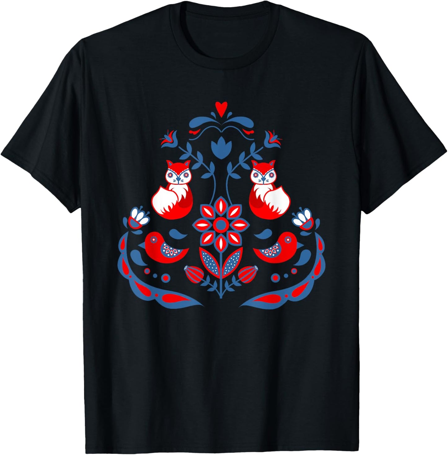 Scandinavian Folk Art Nature Flowers Birds and Foxes T-Shirt - T-Shirt | Black