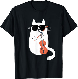 Funny Cat Wearing Sunglasses Playing Violin Viola Musician T-Shirt - T-Shirt | Black