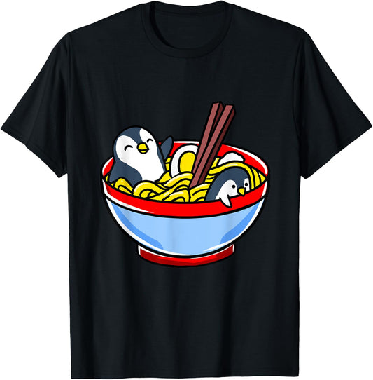 Kawaii Penguin Ramen Noodle T-Shirt - T-Shirt | Black