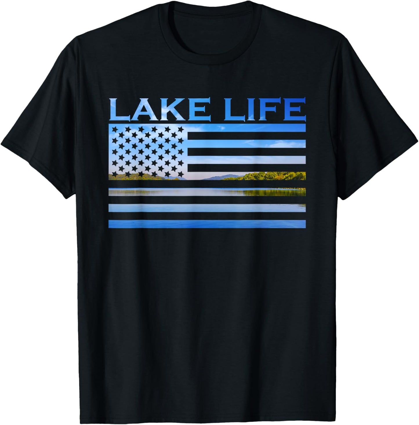 American Flag Patriot Fishing at The Lake This is Lake Life T-Shirt - T-Shirt | Black