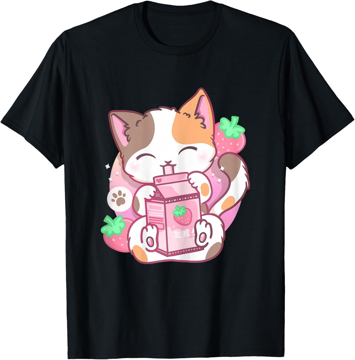 Strawberry Shake Strawberry Milk Cat Kawaii Neko Anime T-Shirt - T-Shirt | Black