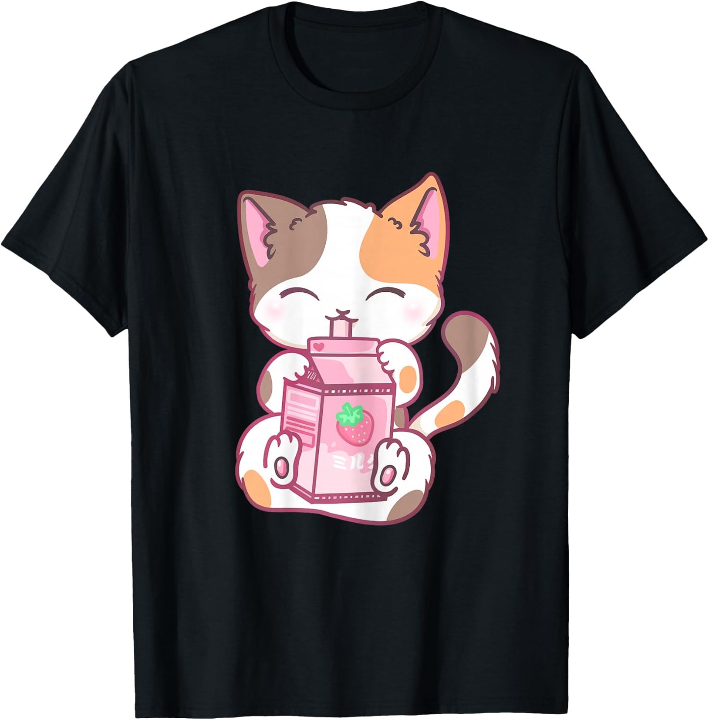 Strawberry Shake Strawberry Milk Cat Kawaii Neko Anime T-Shirt - T-Shirt | Black