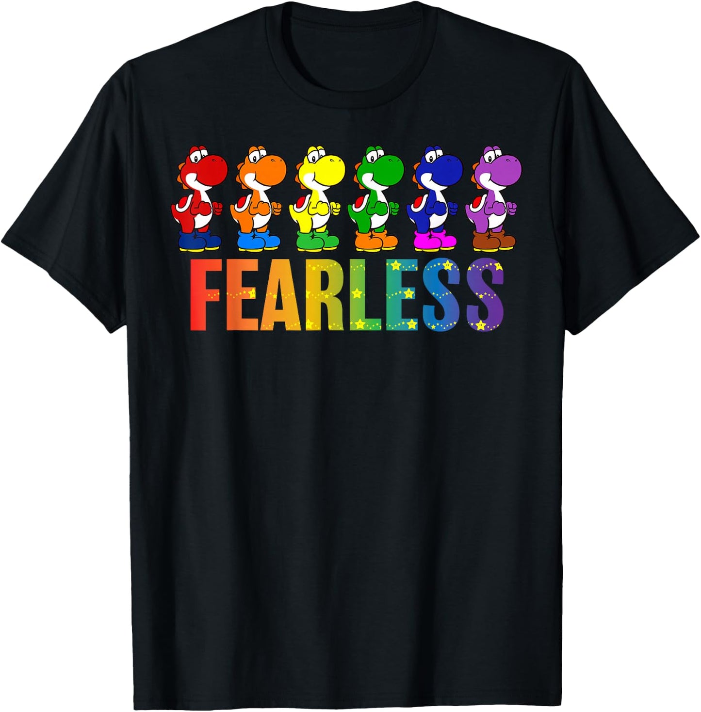 Super Mario Bros Pride Yoshi Fearless Rainbow Line Up T-Shirt - T-Shirt | Black