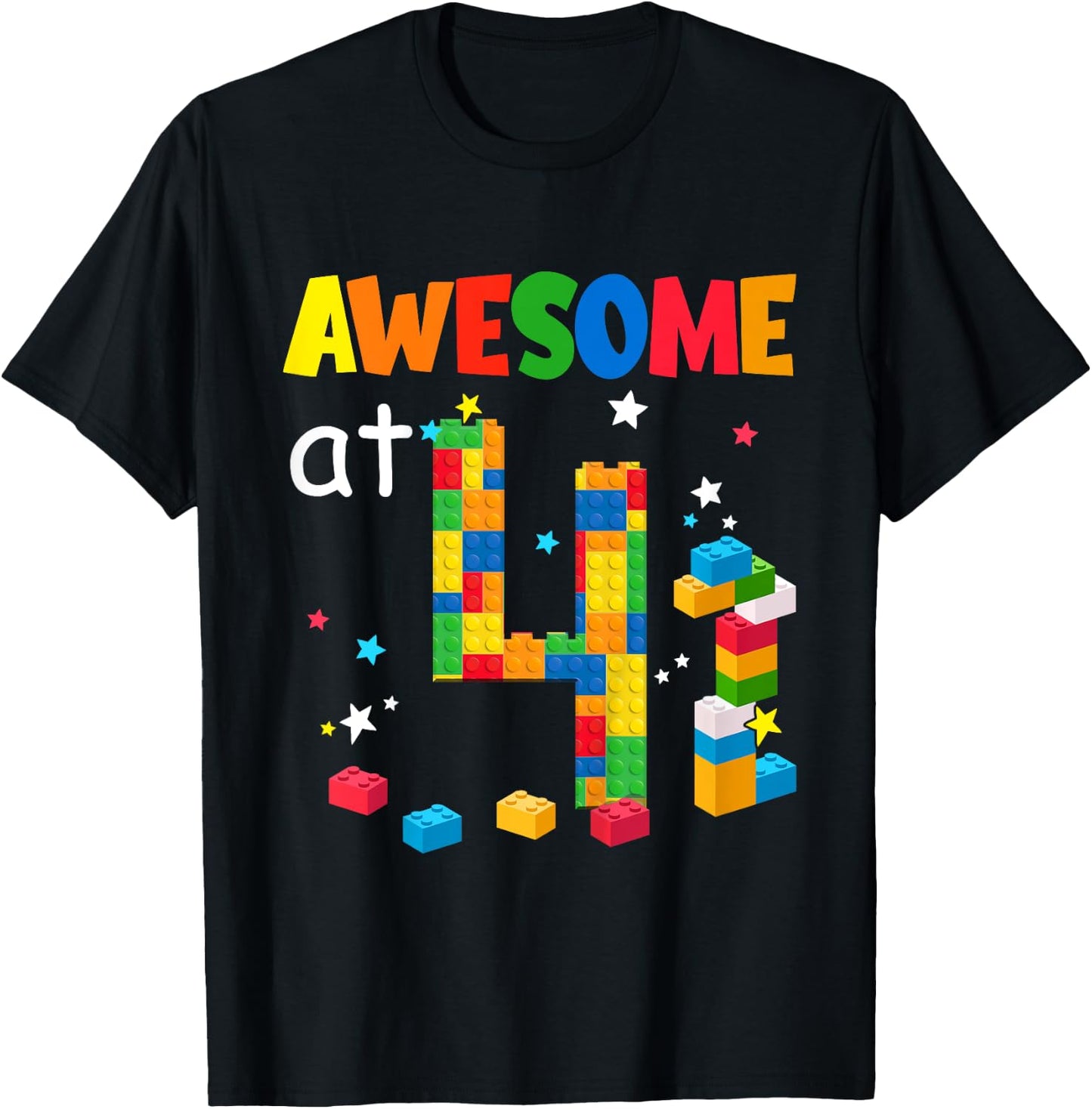 Kids Building Blocks Bricks Awesome at 4 Years Old Birthday Boy T-Shirt - T-Shirt | Black