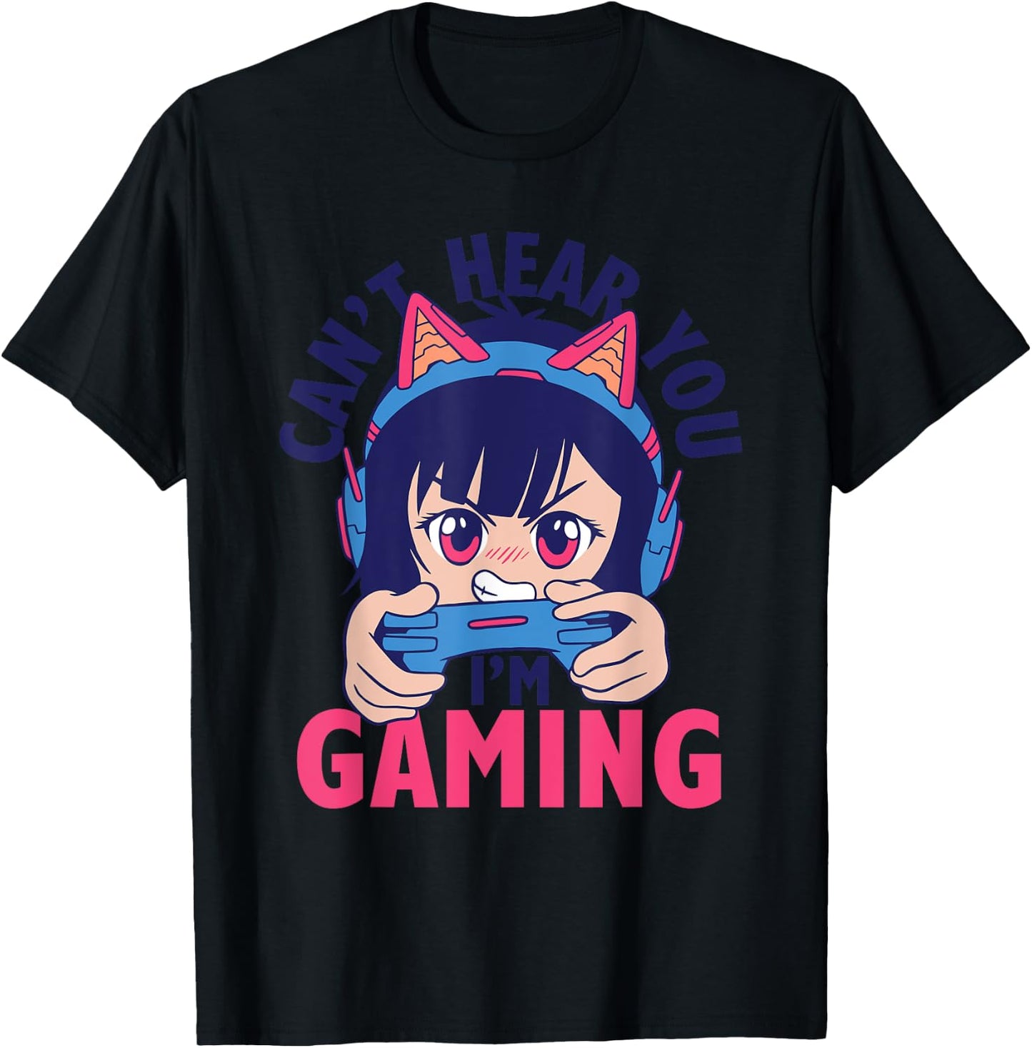Can't Hear You I'm Gaming Funny Gamer Anime Cartoon Graphic T-Shirt - T-Shirt | Black