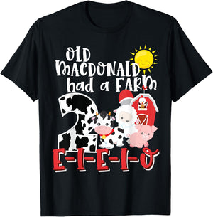 Old MacDonald Farm 2nd Birthday 2 Year Old Birthday Boy Girl T-Shirt - T-Shirt | Black