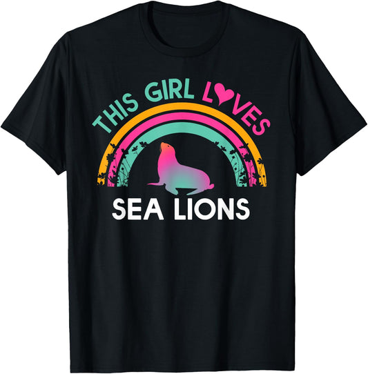 Kids this Girl Loves Sea lions Cute Rainbow Silhouette T-Shirt - T-Shirt | Black