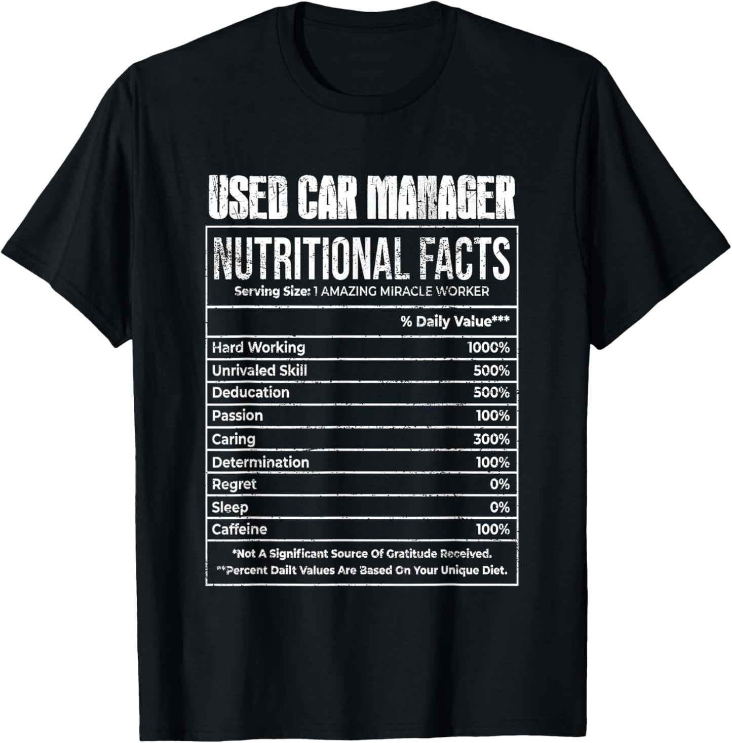 Nutritional Facts Used Car Manager Job Tittle T-Shirt - T-Shirt | Black