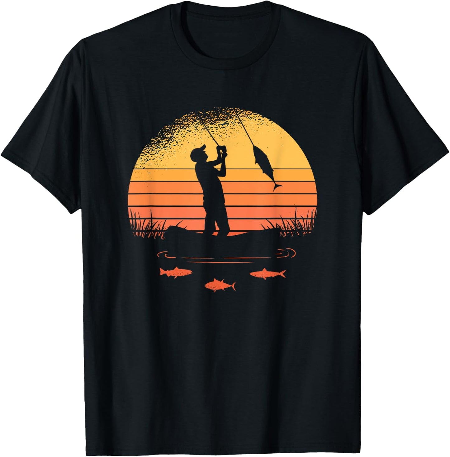 Fisherman Sunset catching a fish & view beneath the water T-Shirt - T-Shirt | Black