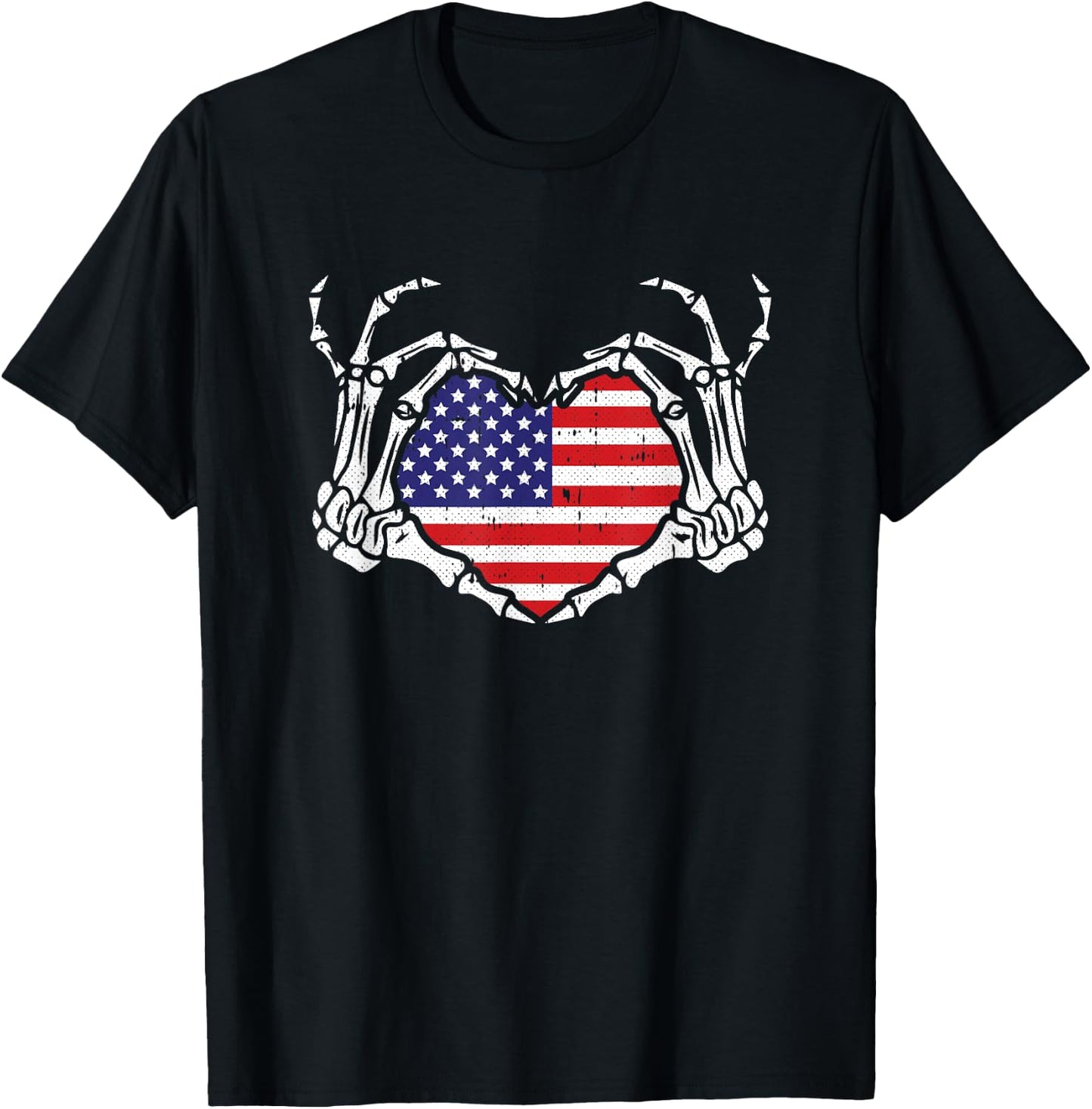 Skeleton Hand Heart 4th Of July Love American Flag Patriotic T-Shirt - T-Shirt | Black