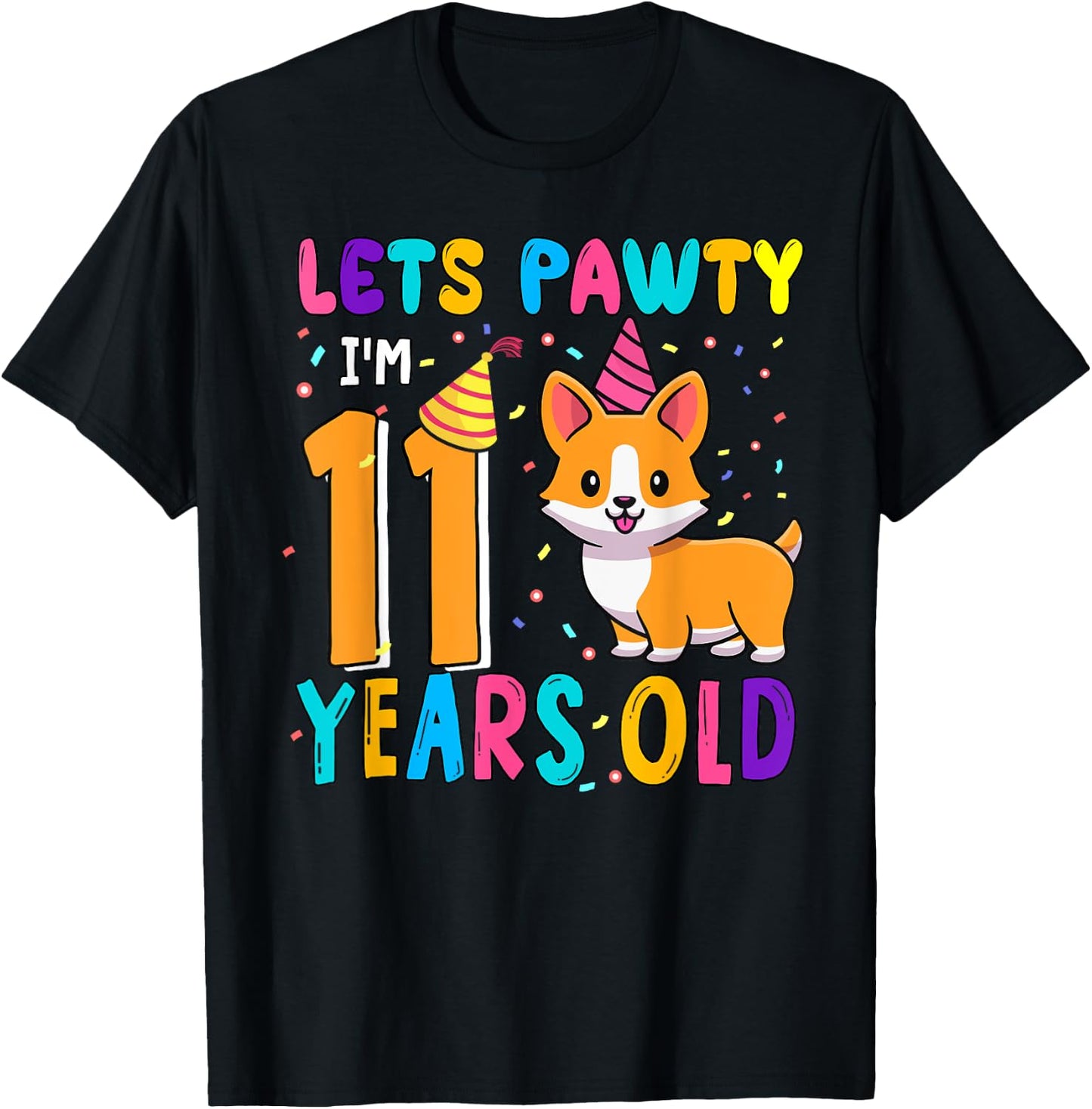 Cute Lets Pawty 11 Years Old Birthday Corgi Dog Owners Kids T-Shirt - T-Shirt | Black