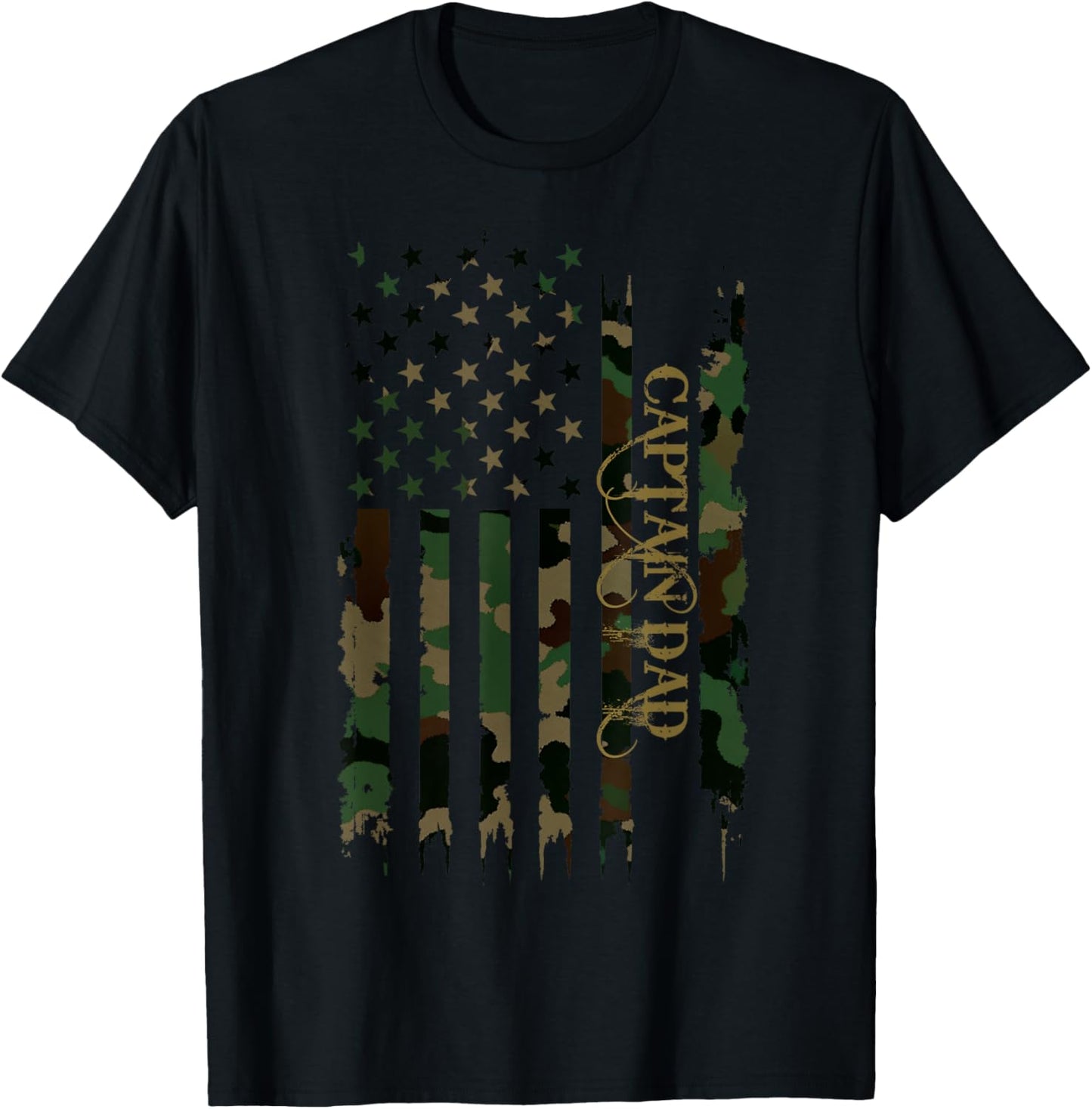 Captain Dad United States Distressed Camo w US Flag T-Shirt - T-Shirt | Black