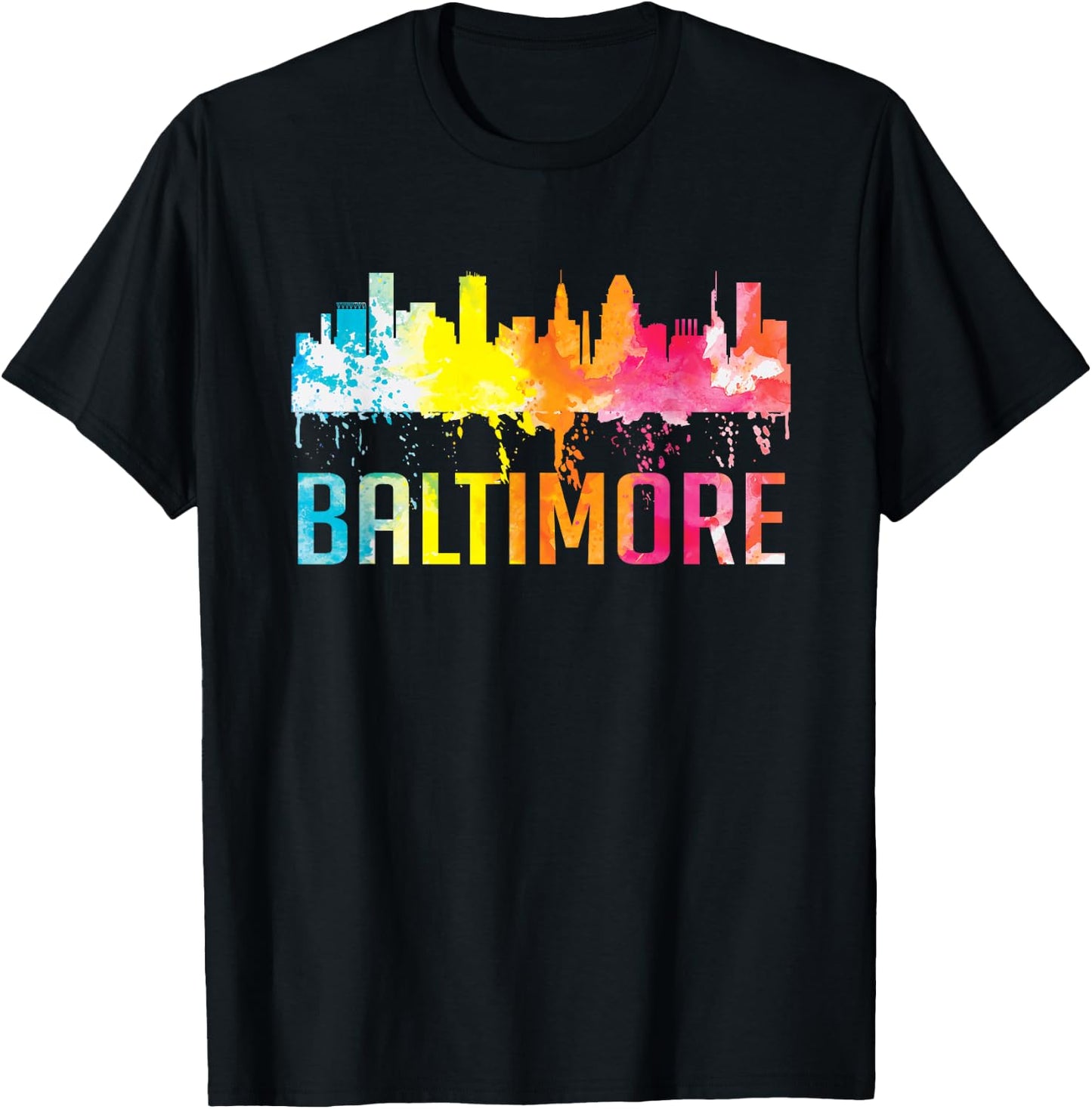 Baltimore Maryland Retro Watercolor Skyline Art Souvenir T-Shirt - T-Shirt | Black