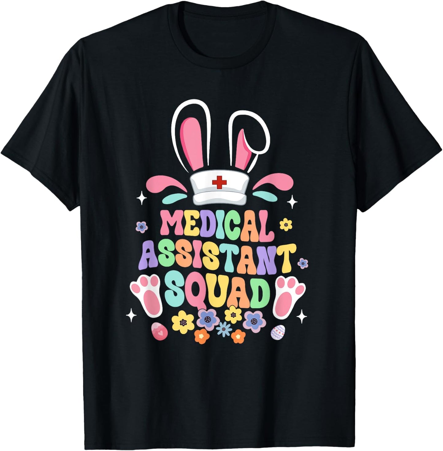 Retro Groovy Medical Assistant Squad Bunny Ear Flower Easter T-Shirt - T-Shirt | Black