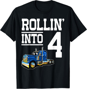 Rollin Into 4 Year Old Birthday Rig Semi Trailer Truck 4th T-Shirt - T-Shirt | Black
