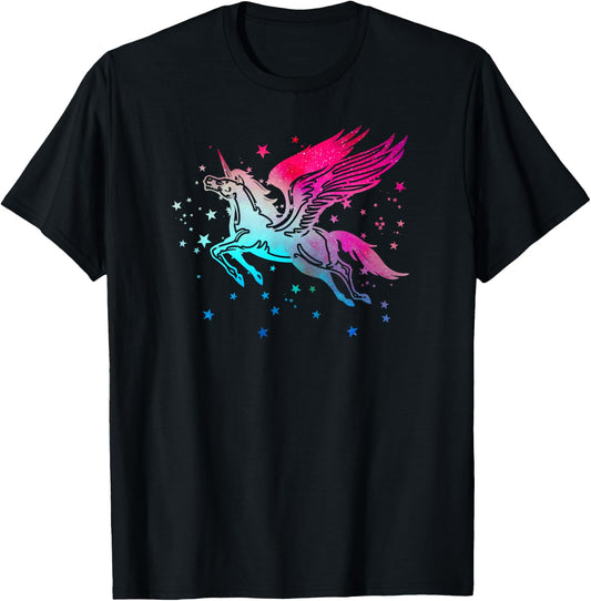 Unicorn Pegasus Flying Winged Horse Vintage Fantasy Graphic T-Shirt - T-Shirt | Black