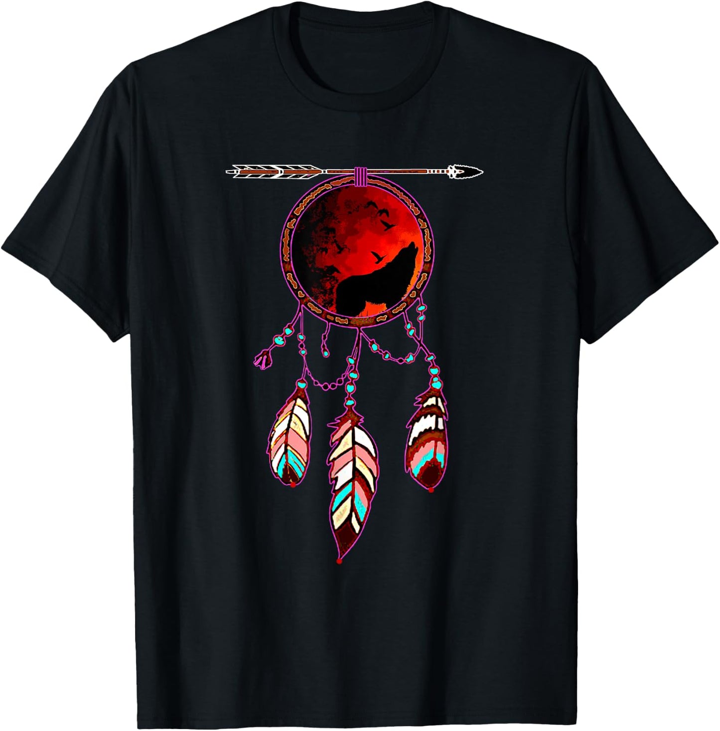 Native American Timber Wolf Dream Catcher Indian Tribal Gift T-Shirt - T-Shirt | Black