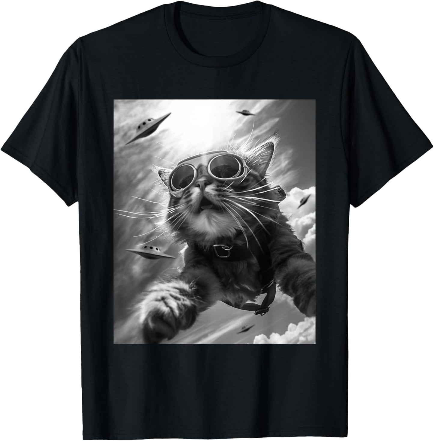 Funny Skydiving Cat Selfie with Alien UFOs Men Women Kids T-Shirt - T-Shirt | Black