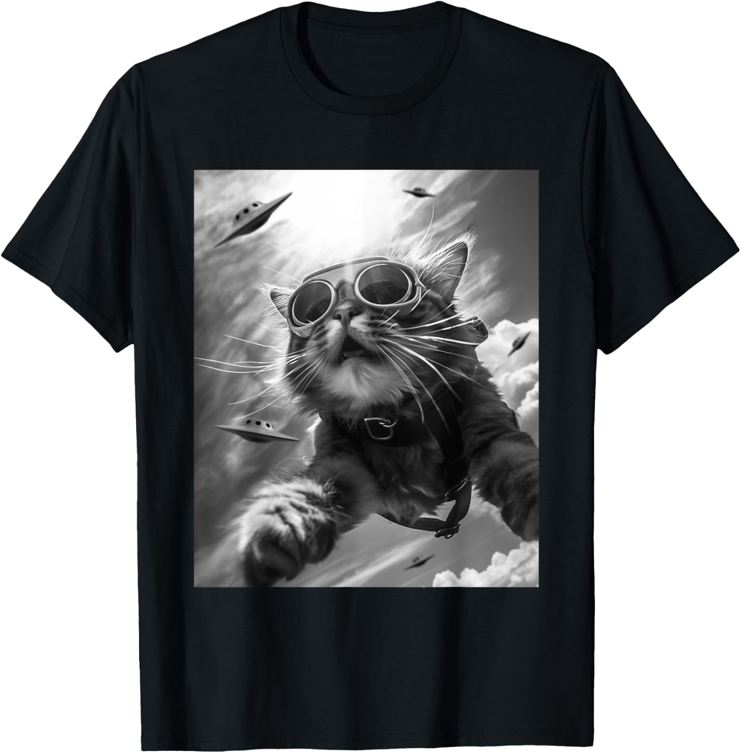 Funny Skydiving Cat Selfie with Alien UFOs Men Women Kids T-Shirt - T-Shirt | Black