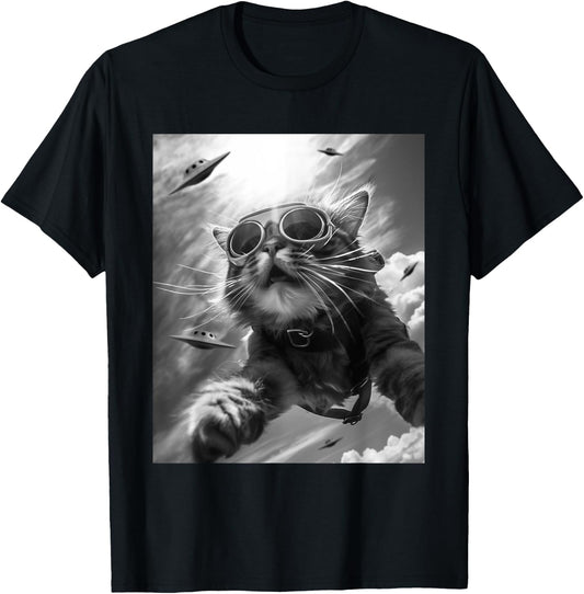 Funny Skydiving Cat Selfie with Alien UFOs Men Women Kids T-Shirt - T-Shirt | Black