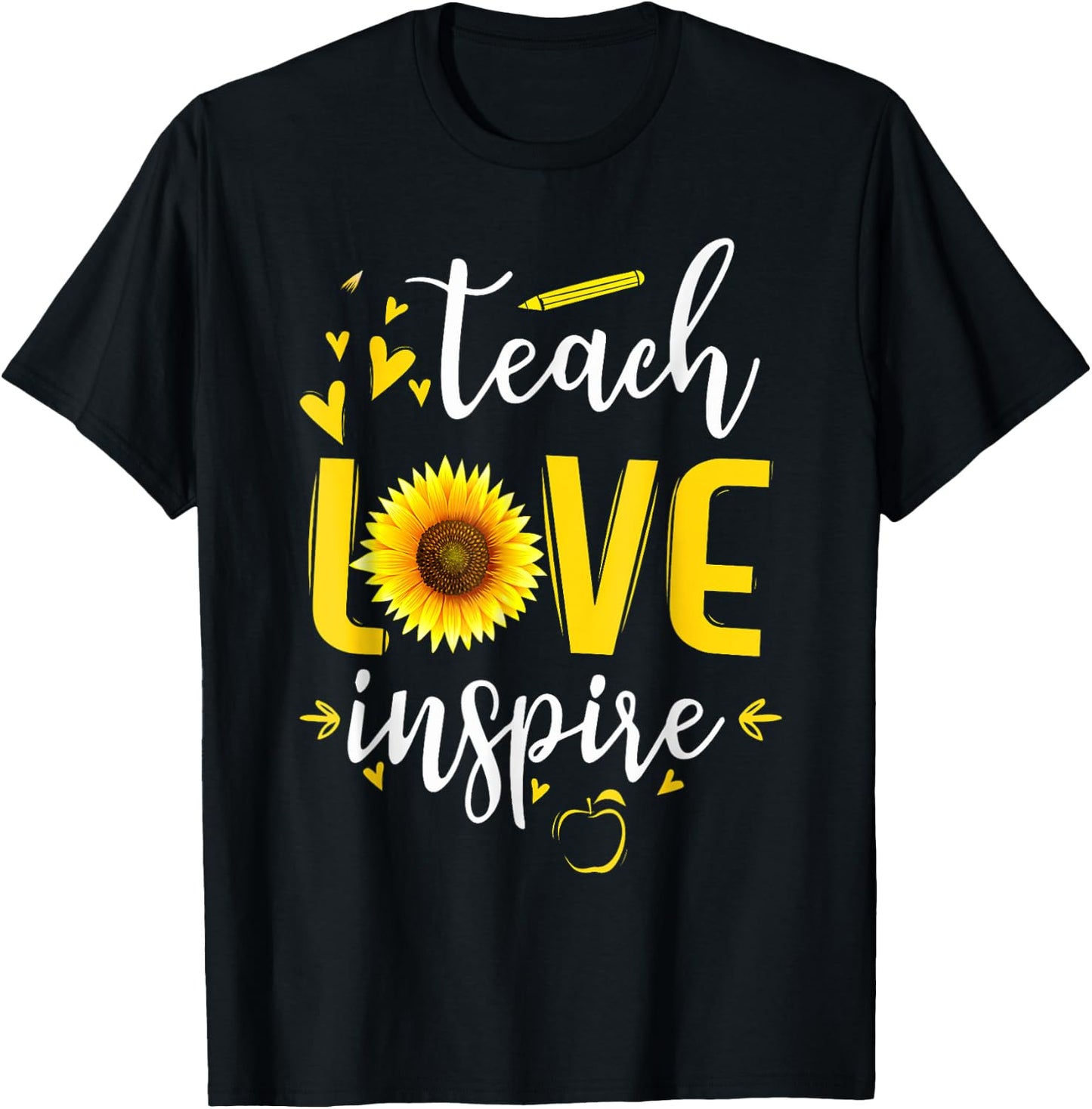 Back to School Teach Love And Inspire Teacher Sunflower Men Women Girls Kids T-Shirt - T-Shirt | Black