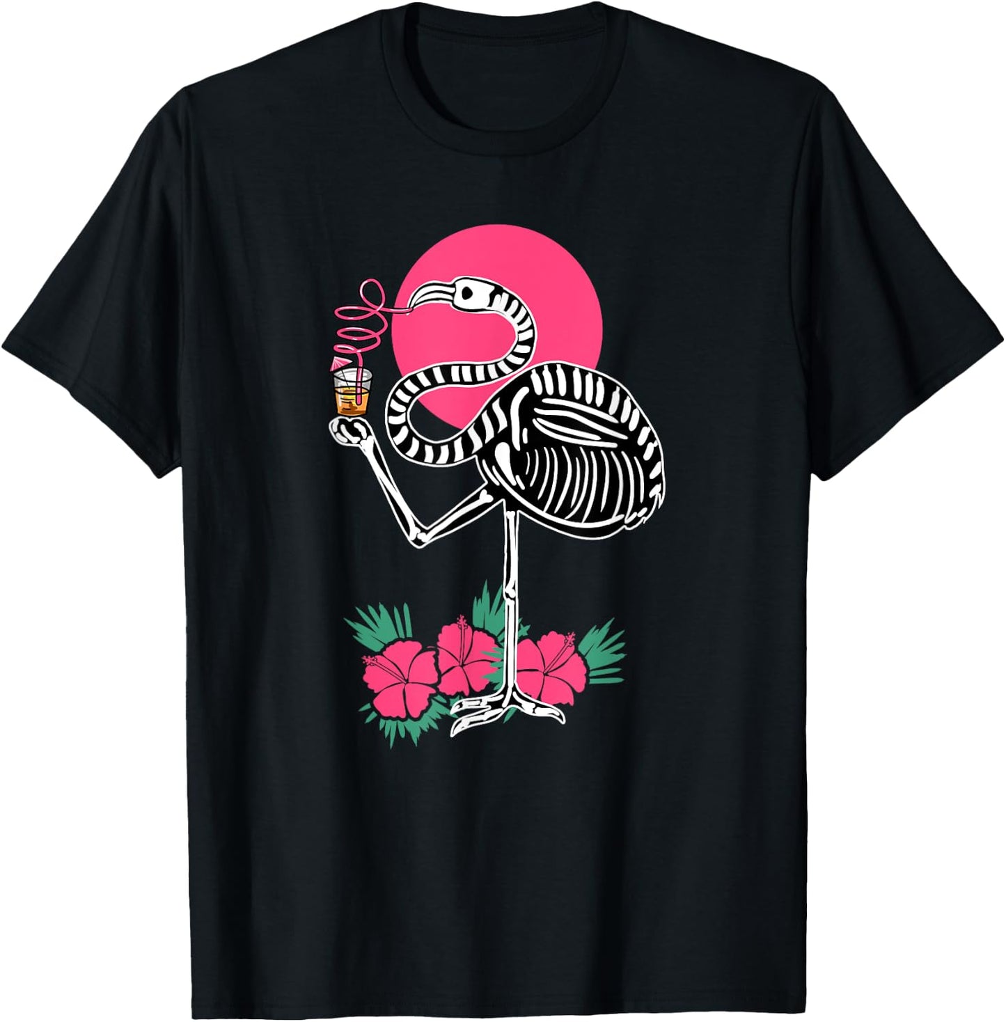 Thirsty Skeleton Flamingo Animal Tropical Bird Halloween T-Shirt - T-Shirt | Black