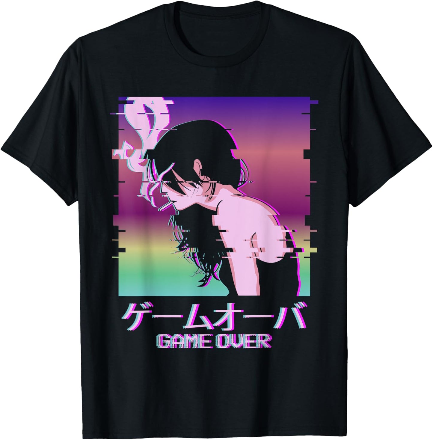 Japanese Vaporwave Sad Anime Girl Game Over Indie Aesthetic T-Shirt - T-Shirt | Black