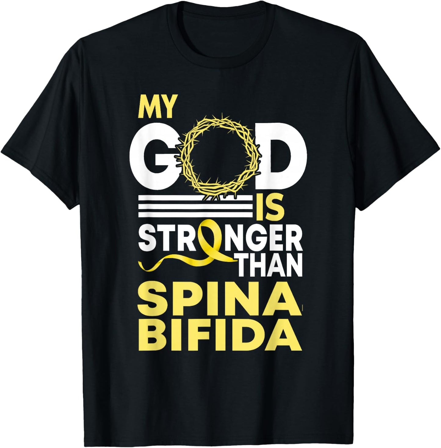 My God Is Stronger Than Spina Bifida Awareness Ribbon T-Shirt - T-Shirt | Black