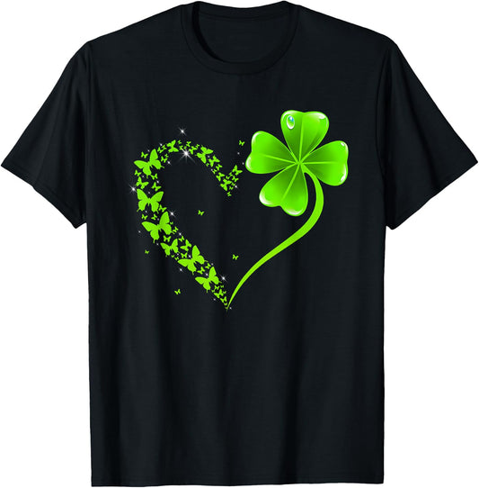 St Patricks Day Green Butterfly Shamrock Heart Women Girls T-Shirt - T-Shirt | Black