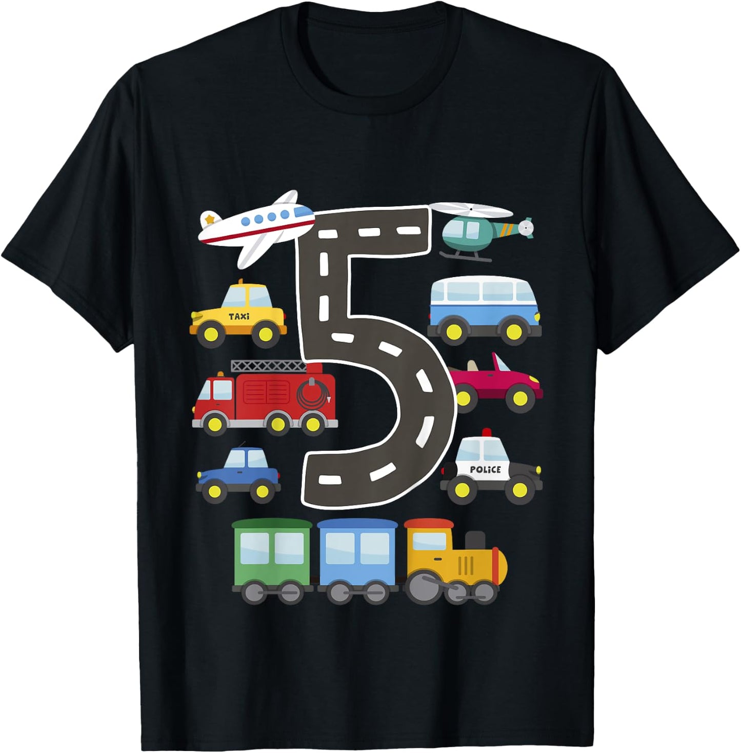5 Year Old Transportation Birthday Car Train Plane 5th Gift T-Shirt - T-Shirt | Black